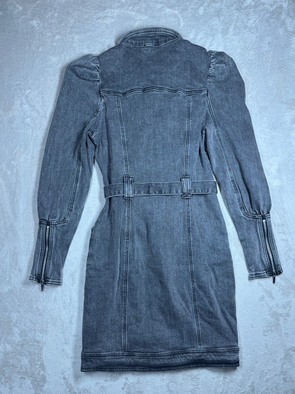 Bebe Puff Sleeves Faded Black Denim Jean Buttoned Belted Mini Dress Size 2 - Picture 12 of 16